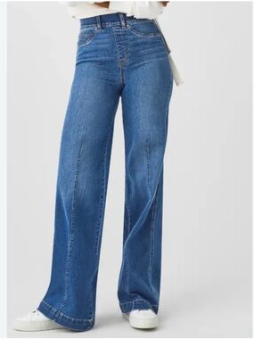 SPANX Seamed-Front Wide Leg Pull-On Jeans Vintage Indigo Size L NWT